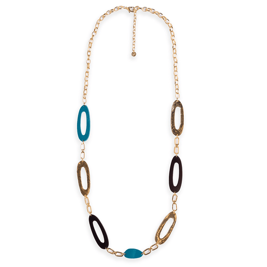 Collana lunga a catena con inserti ovali traforati in acrilico multi blu - Mya Accessories