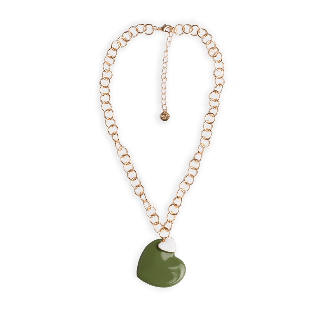 Collana girocollo a catena con pendente doppio cuore smaltato bianco e verde - Mya Accessories