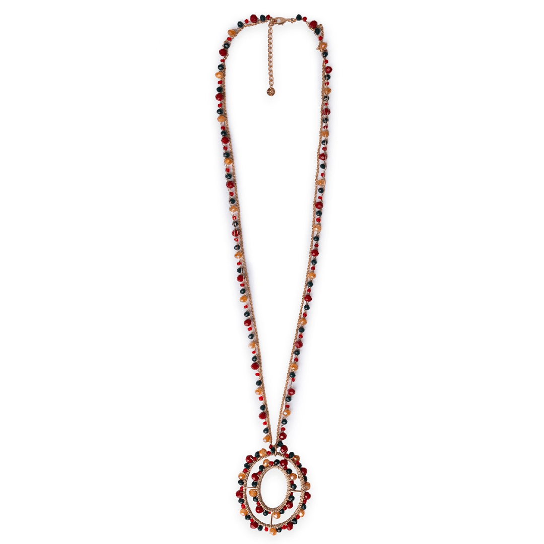Collana lunga in tessuto con pendente, ricoperto di microcristalli in vetro marrone e rosso - Mya Accessories