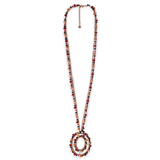 Collana lunga in tessuto con pendente, ricoperto di microcristalli in vetro marrone e rosso - Mya Accessories