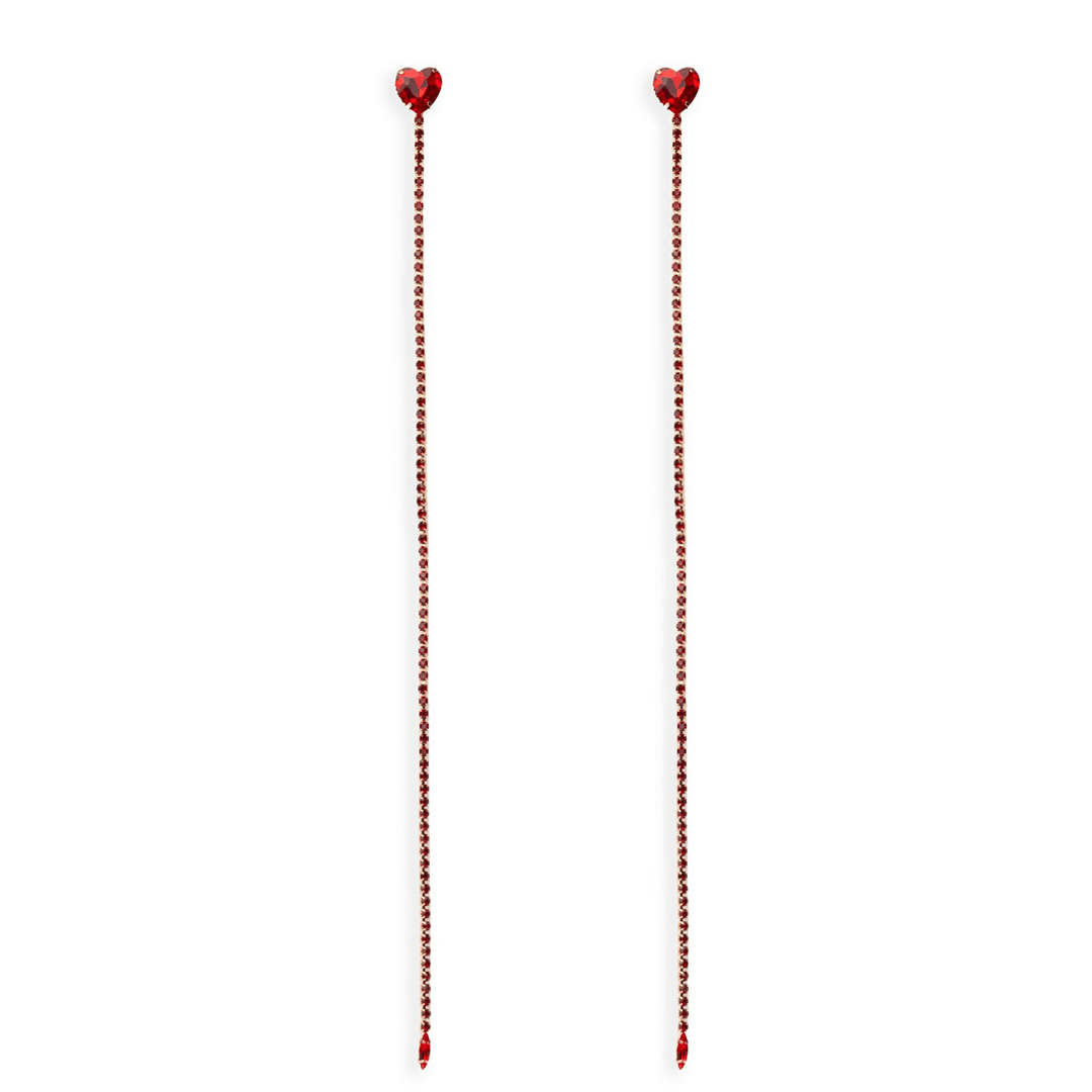 Orecchini lunghi a filo di strass con pietra a cuoricino in vetro rossa - Mya Accessories