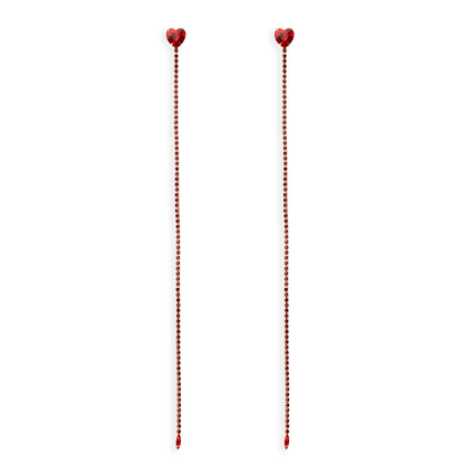 Orecchini lunghi a filo di strass con pietra a cuoricino in vetro rossa - Mya Accessories