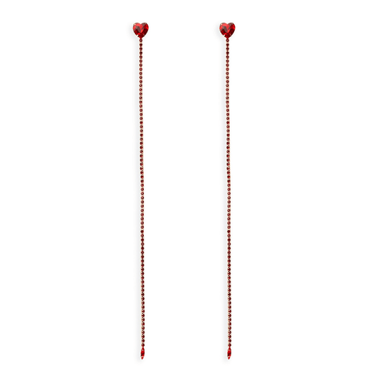 Orecchini lunghi a filo di strass con pietra a cuoricino in vetro rossa - Mya Accessories