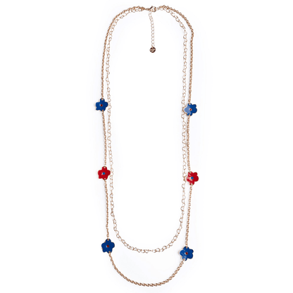 Collana lunga a catena doppio filo con fiori smaltati blu e rossi - Mya Accessories