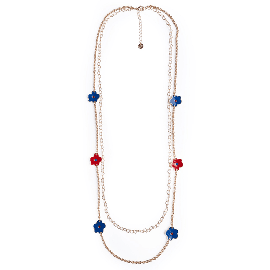 Collana lunga a catena doppio filo con fiori smaltati blu e rossi - Mya Accessories