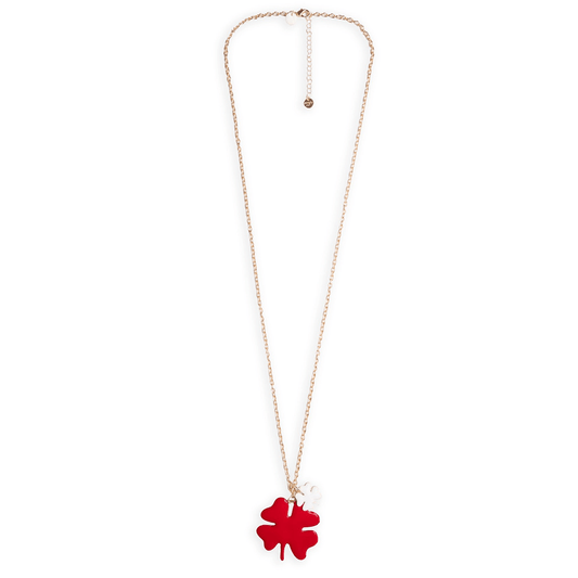 Collana lunga a catena con doppio pendente smaltato quadrifoglio bianco e rosso - Mya Accessories