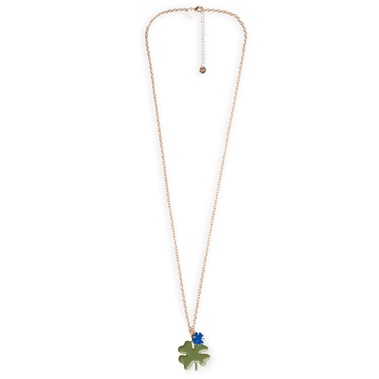 Collana lunga a catena con doppio pendente smaltato quadrifoglio blu e verde - Mya Accessories