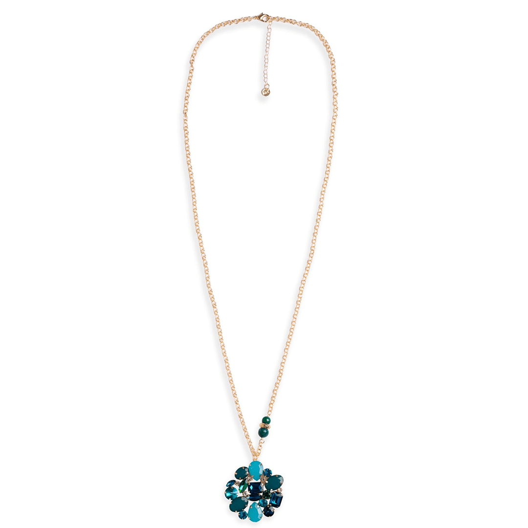 Collana lunga in catena con fiore in vetro verde petrolio - Mya Accessories