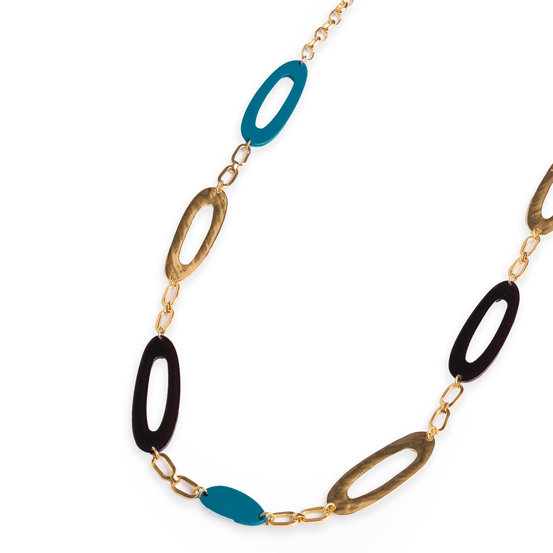 Collana lunga a catena con inserti ovali traforati in acrilico multi blu - Mya Accessories