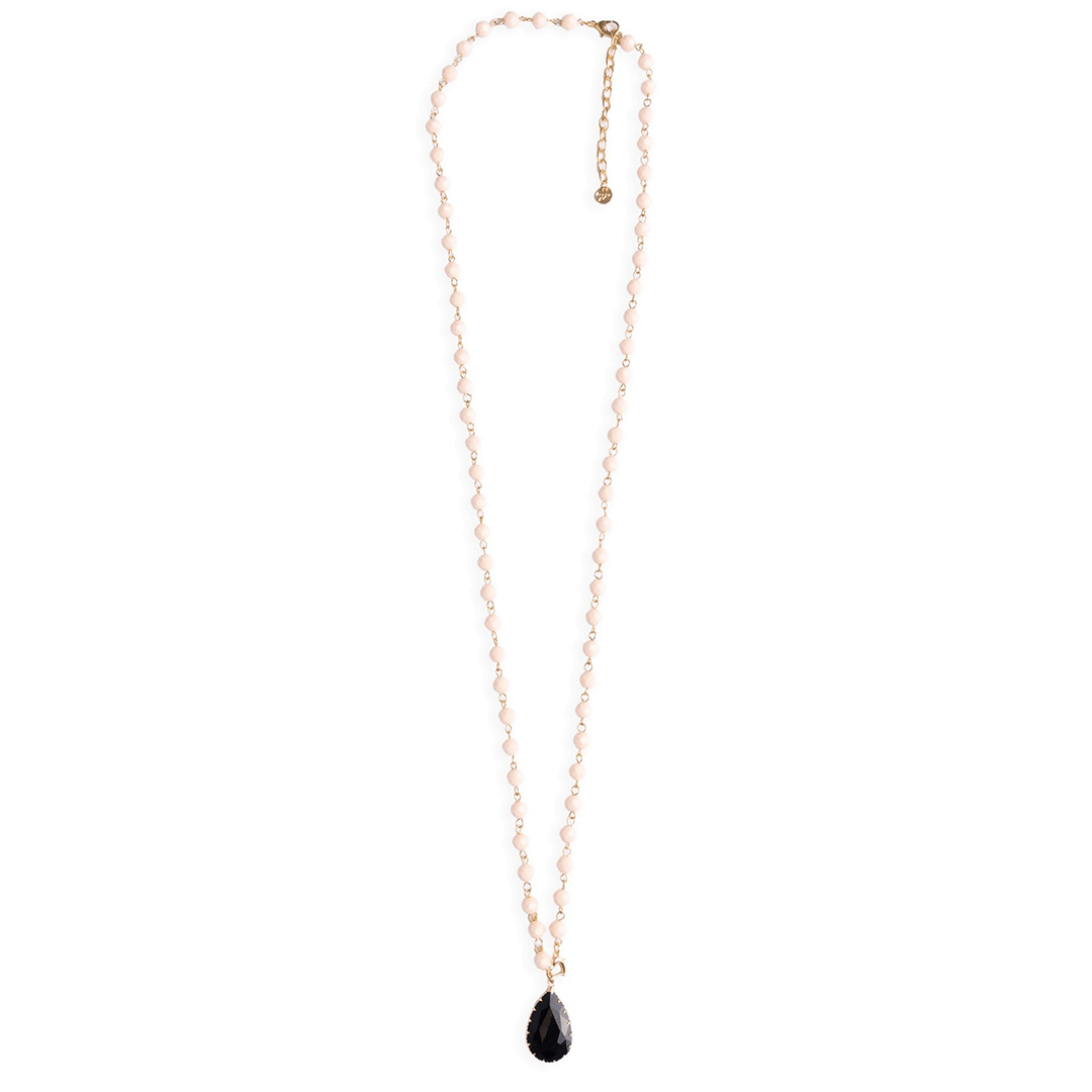 Collana lunga rosario con pietre in vetro rosa antico con pendente a goccia - Mya Accessories
