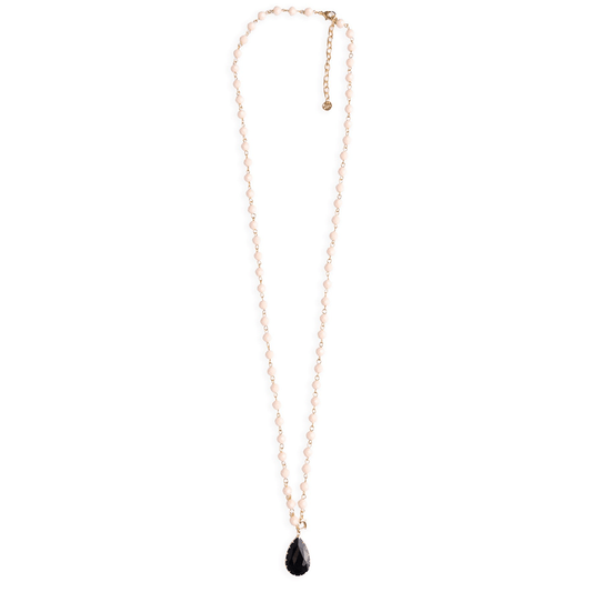 Collana lunga rosario con pietre in vetro rosa antico con pendente a goccia - Mya Accessories