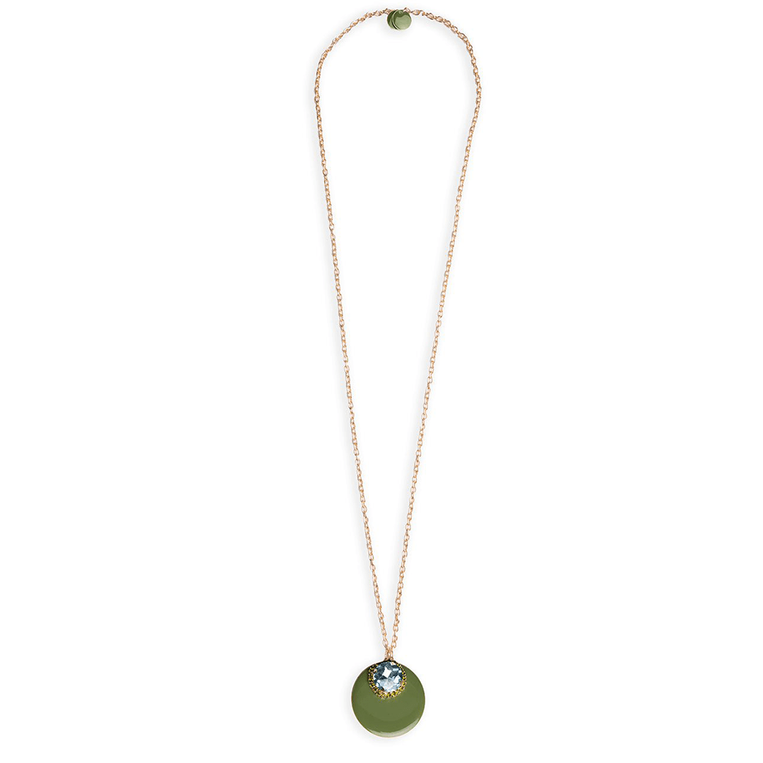 Collana lunga in acciaio con doppio pendente smaltato ed in vetro verde - Mya Accessories