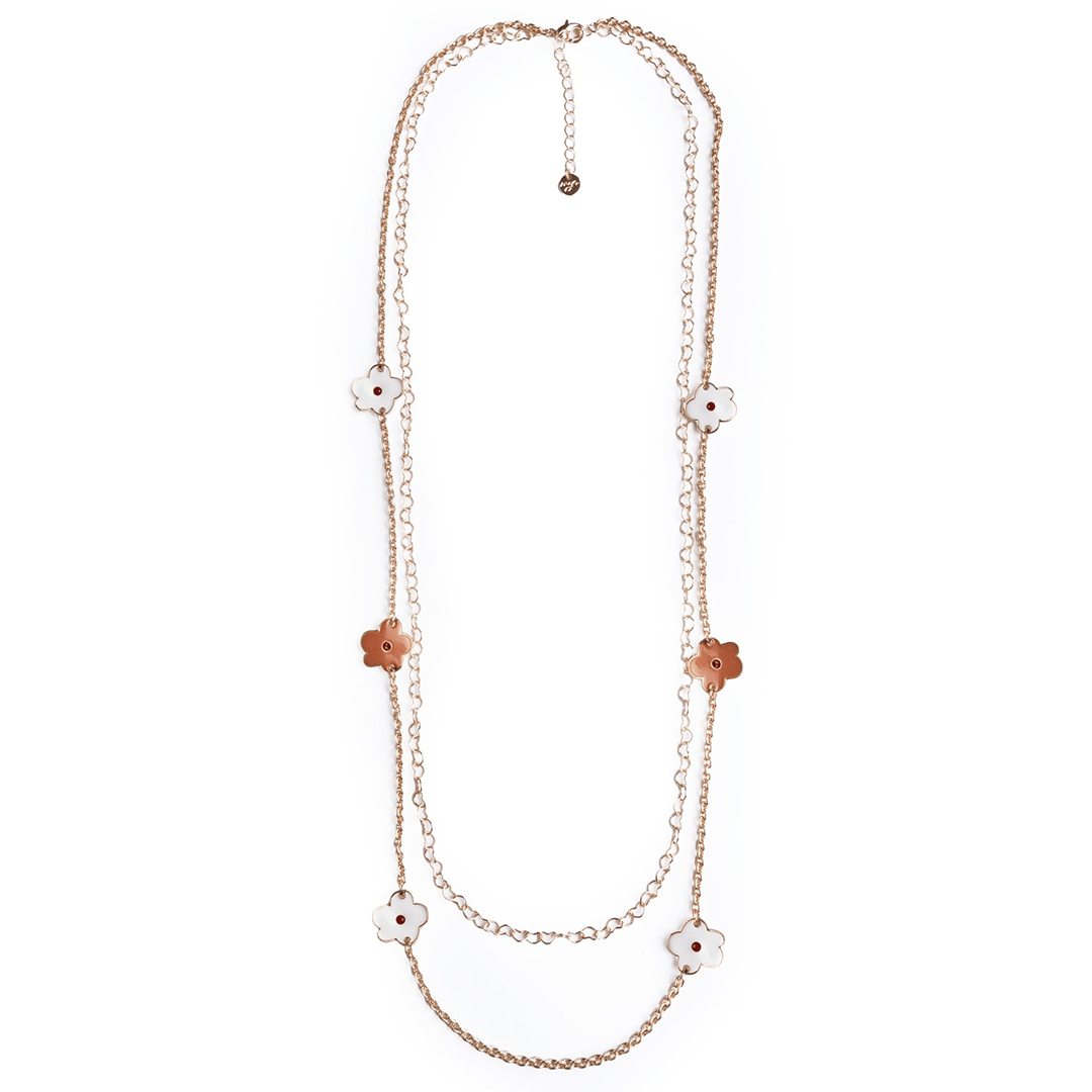 Collana lunga a catena doppio filo con fiori smaltati bianchi e beige - Mya Accessories