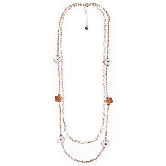 Collana lunga a catena doppio filo con fiori smaltati bianchi e beige - Mya Accessories