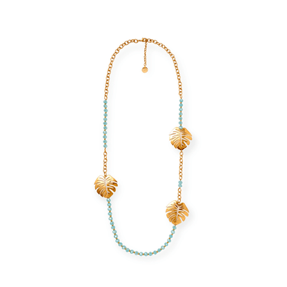Collana lunga con foglie in metallo e microcristalli azzurri - Mya Accessories
