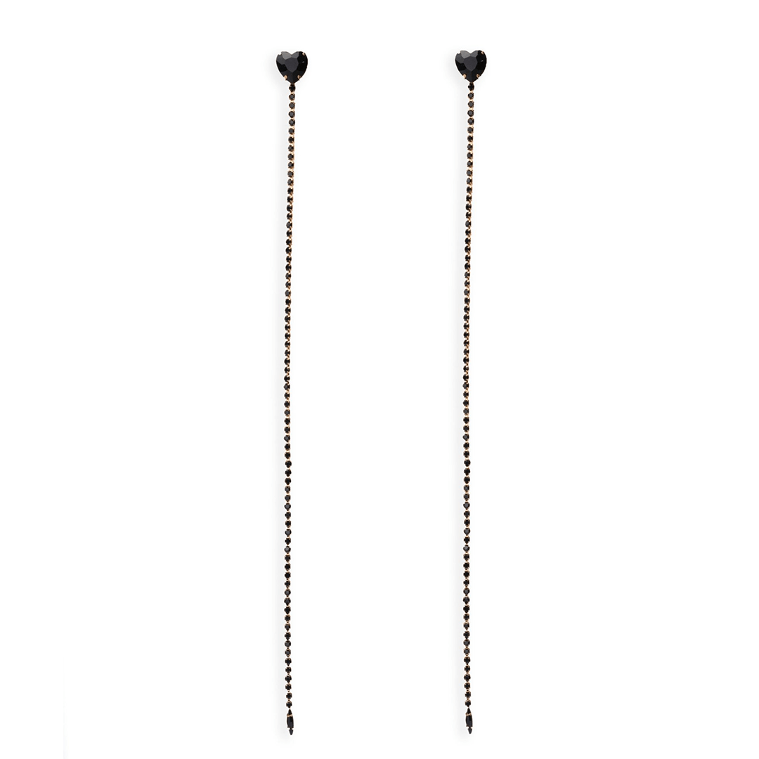 Orecchini lunghi a filo di strass con pietra a cuoricino in vetro neri - Mya Accessories