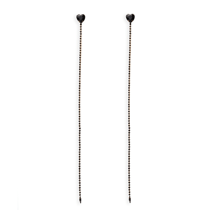 Orecchini lunghi a filo di strass con pietra a cuoricino in vetro neri - Mya Accessories