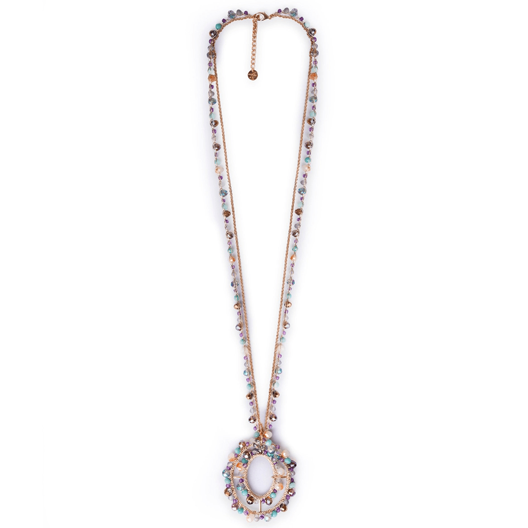 Collana lunga in tessuto con pendente, ricoperto di microcristalli in vetro multicolore - Mya Accessories