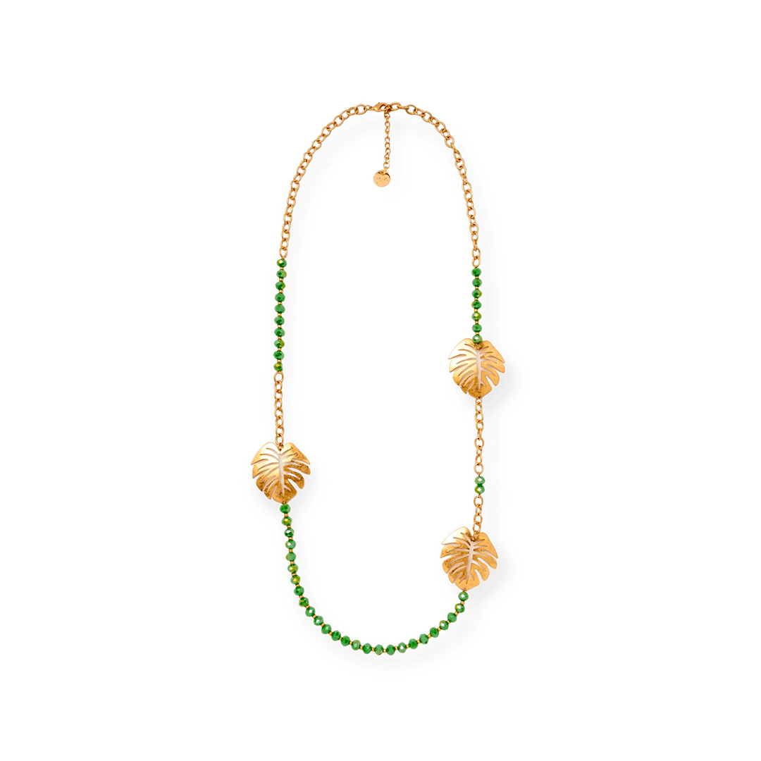 Collana lunga con foglie in metallo e microcristalli verdi - Mya Accessories