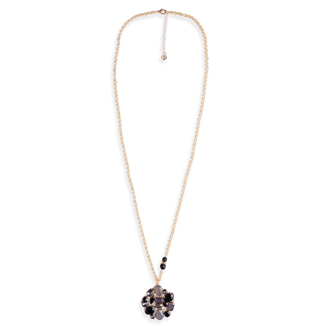 Collana lunga a catena con pendente a fiore in vetro multi nero - Mya Accessories