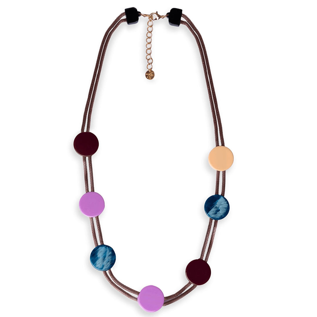 Collana laccio bronzato con inserti circolari in acrilico multicolore - Mya Accessories