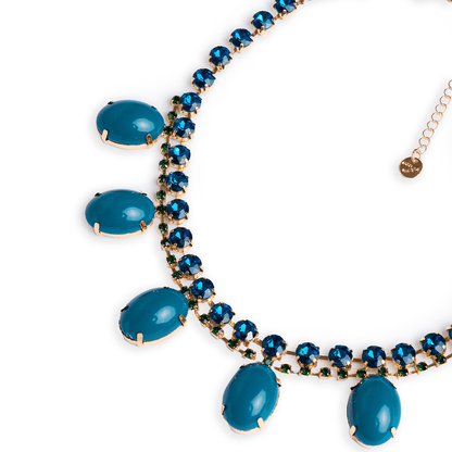 Collana girocollo in metallo con pietre in vetro e resina verde petrolio - Mya Accessories