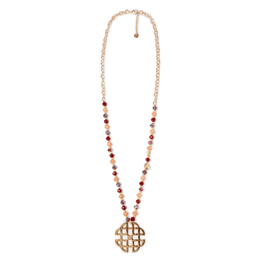 Collana lunga con microcristalli rosa e rossi con pendente a griglia - Mya Accessories