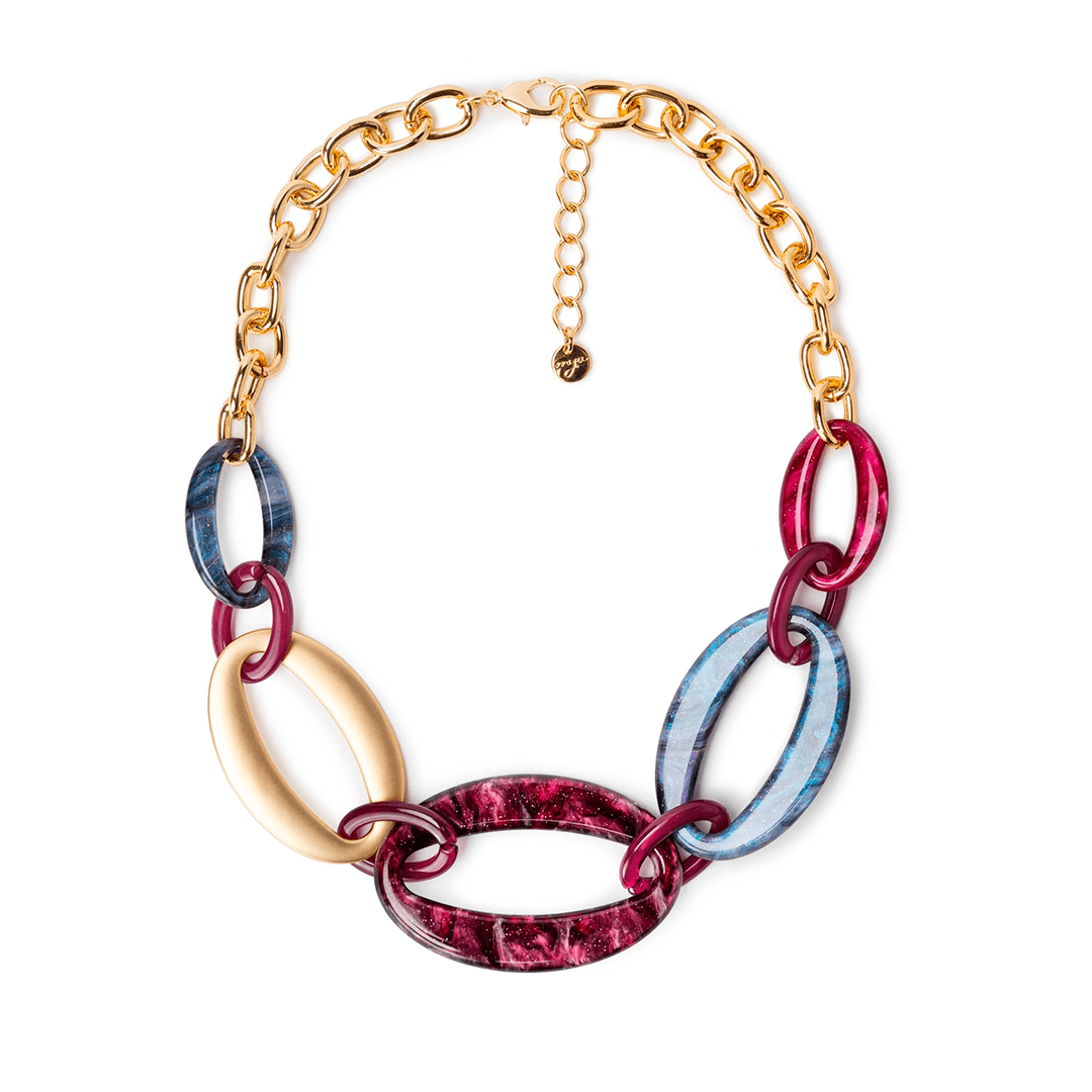 Collana in metallo colore oro, con inserti in acrilico sui toni del viola - Mya Accessories