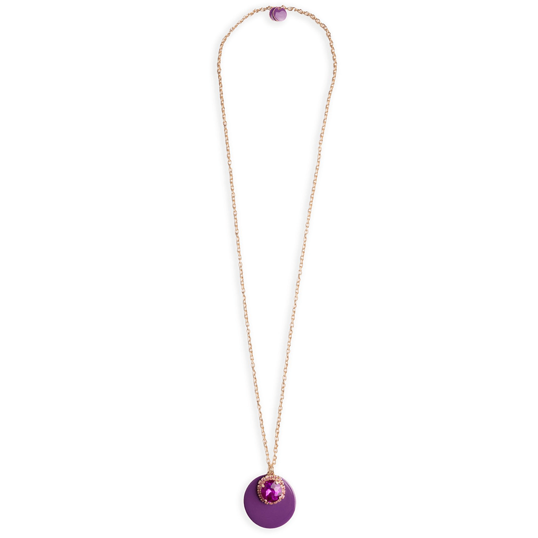 Collana lunga in acciaio con doppio pendente smaltato ed in vetro viola - Mya Accessories