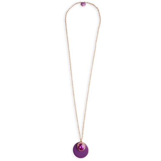 Collana lunga in acciaio con doppio pendente smaltato ed in vetro viola - Mya Accessories