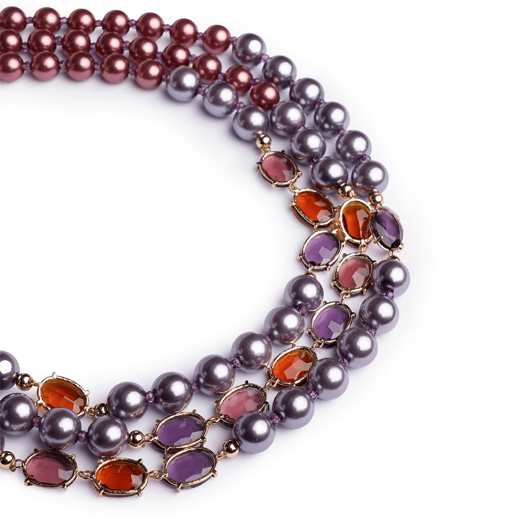 Collana girocollo multilinee con perle in acrilico viola ed ambra - Mya Accessories