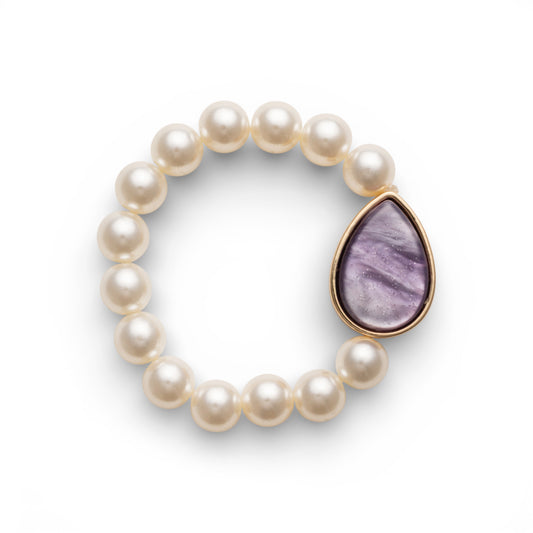 Bracciale elastico in acrilico con sfere perlate e goccia viola