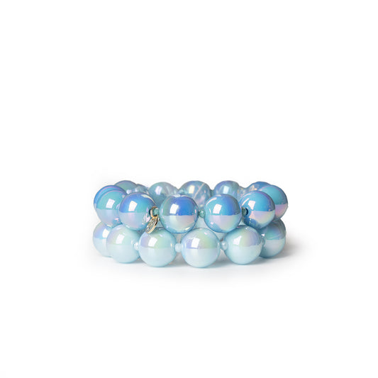 Bracciale elastico a due fili con sfere lucide in acrilico multi blu