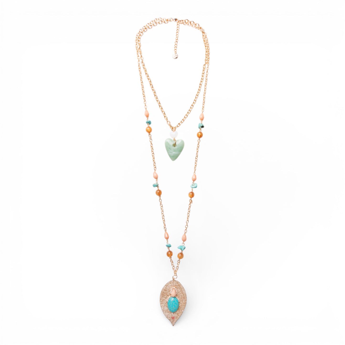 Collana lunga con catena sottile a due fili, pendente a foglia