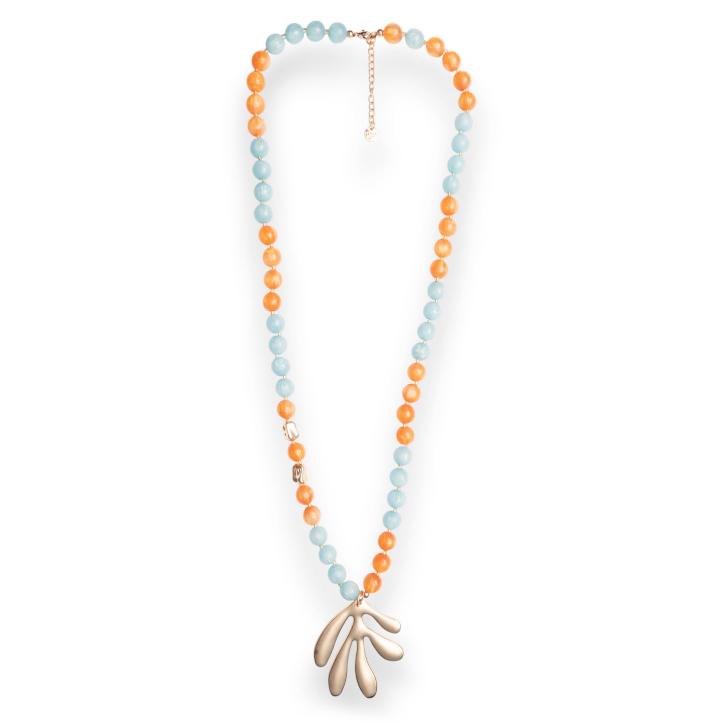 Collana lunga con sfere in acrilico arancio e turchesi, pendente a foglia