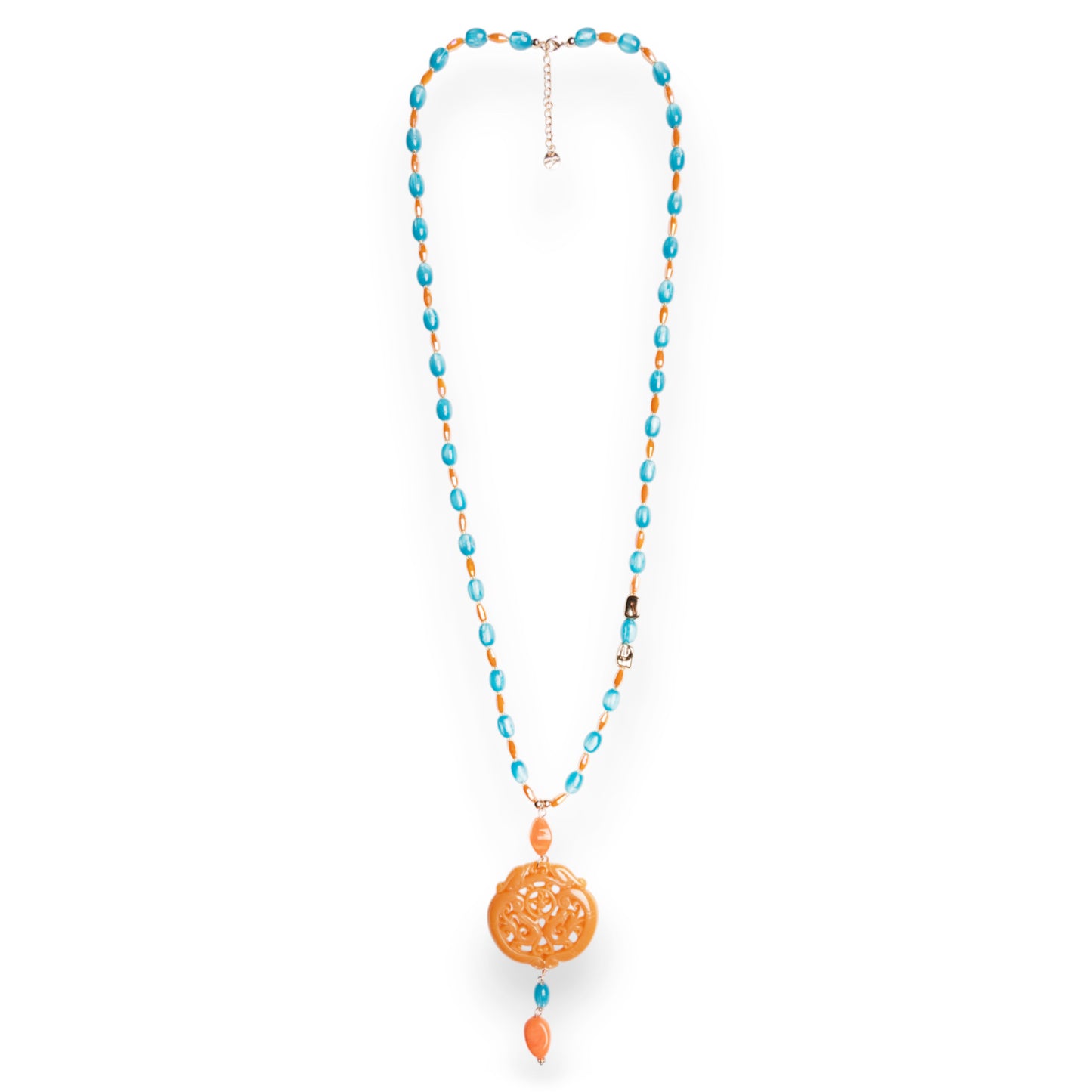 Collana lunga con pietre in acrilico e vetro, pendente mandala arancio