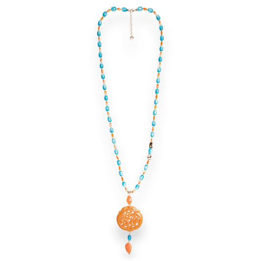Collana lunga con pietre in acrilico e vetro, pendente mandala arancio
