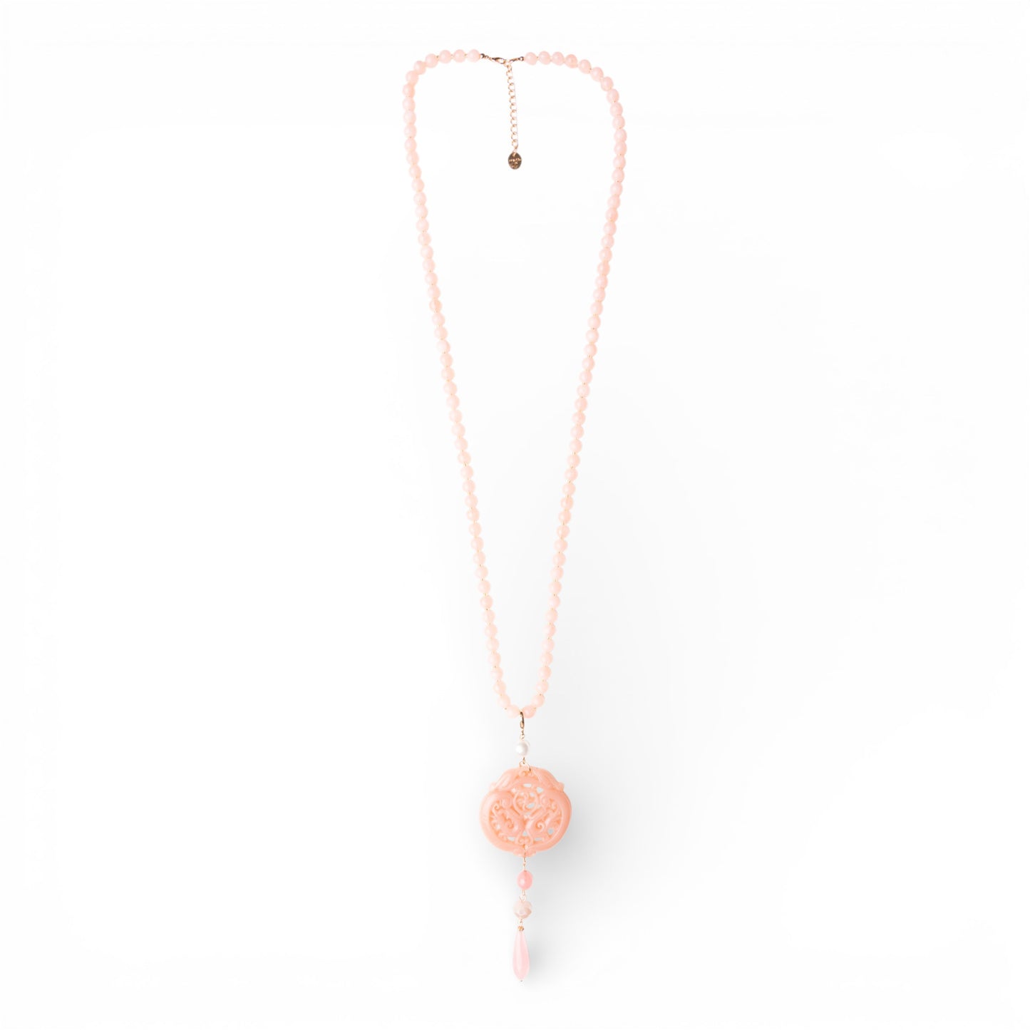 Collana lunga con pietre in acrilico, pendente mandala rosa