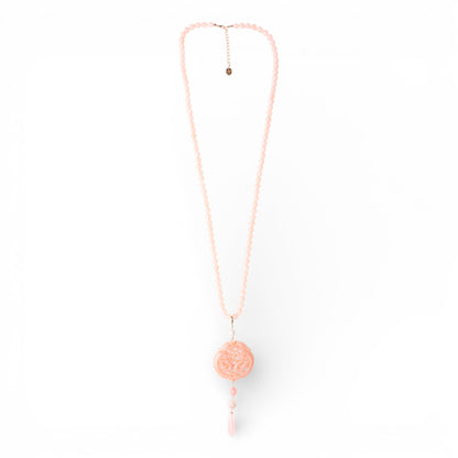 Collana lunga con pietre in acrilico, pendente mandala rosa
