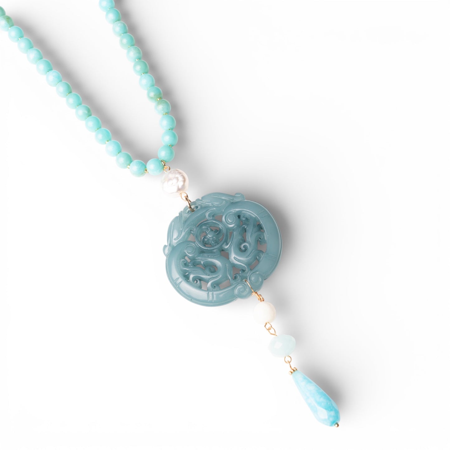 Collana lunga con pietre in acrilico, pendente mandala turchese