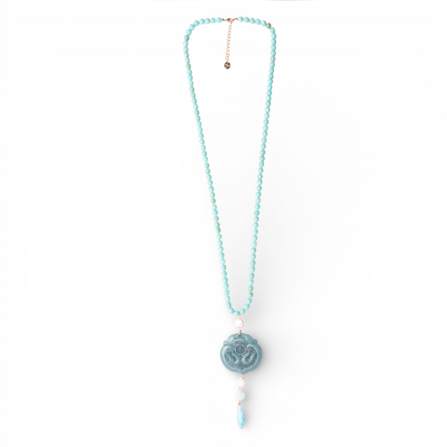 Collana lunga con pietre in acrilico, pendente mandala turchese