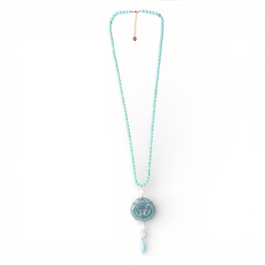 Collana lunga con pietre in acrilico, pendente mandala turchese