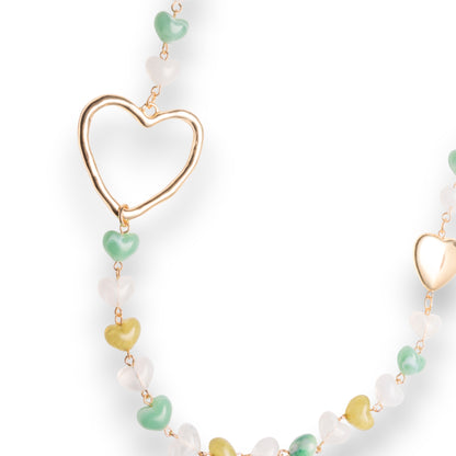 Collana lunga metallo pietre cuore acrilico multi verde