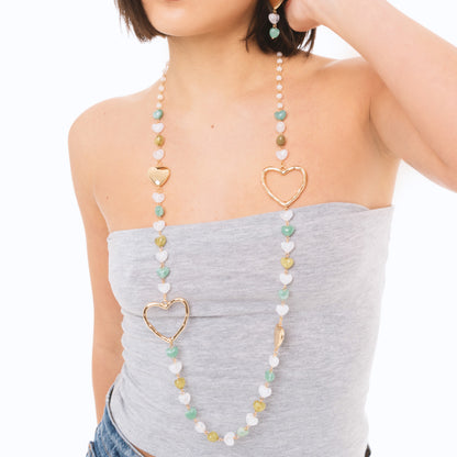 Collana lunga metallo pietre cuore acrilico multi verde