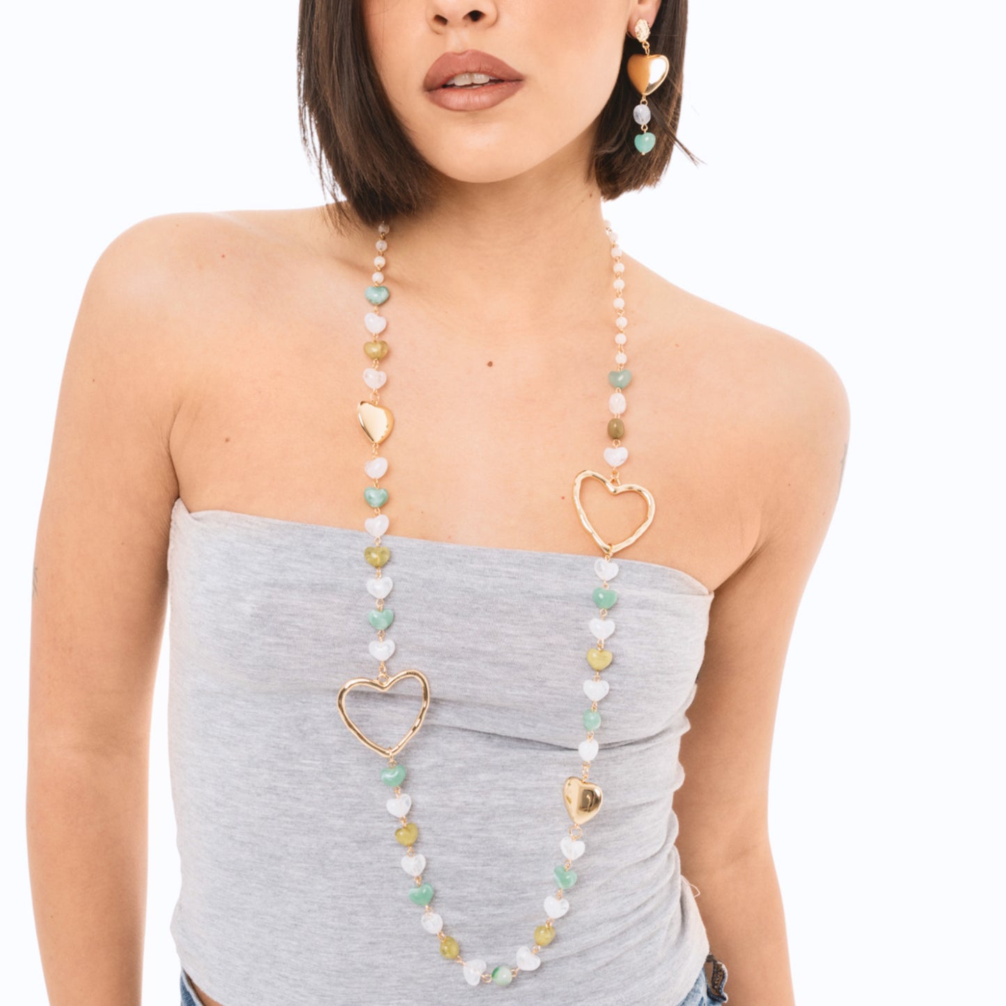 Collana lunga metallo pietre cuore acrilico multi verde