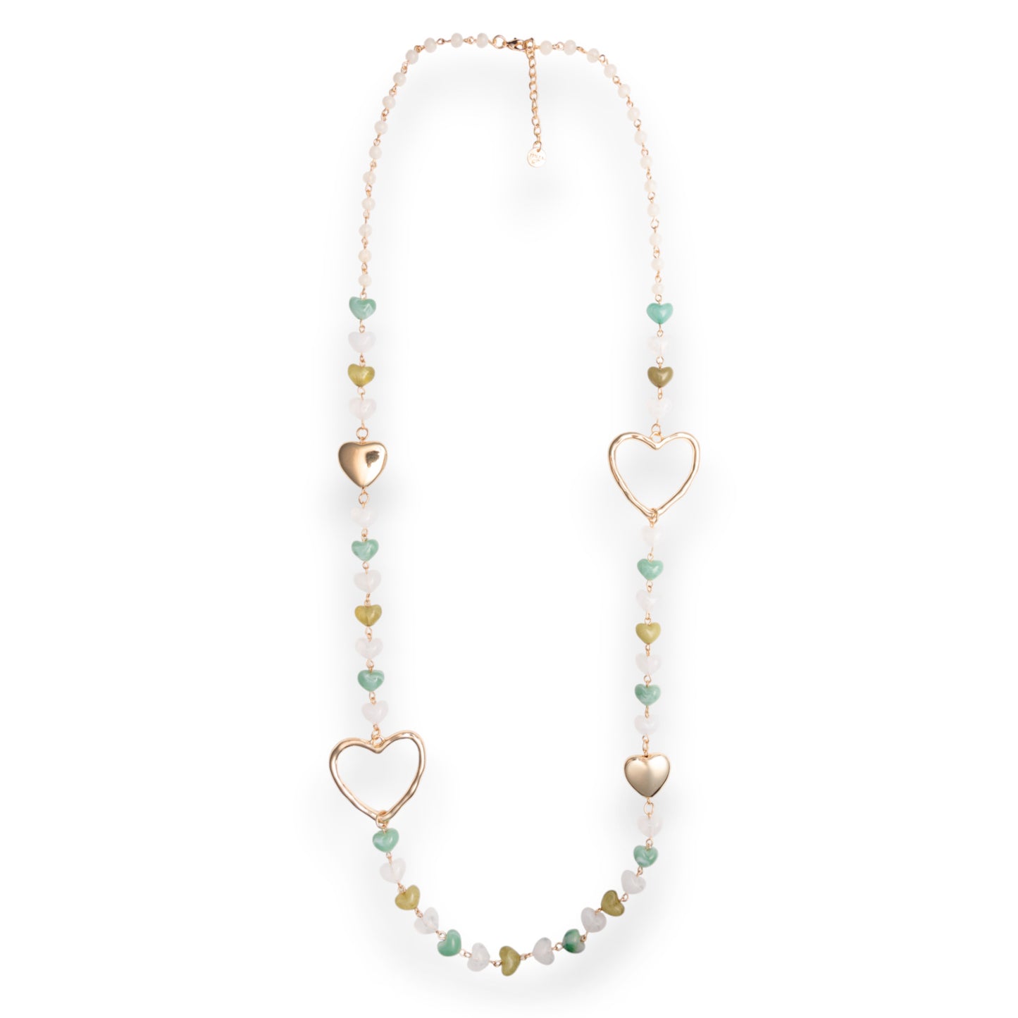 Collana lunga metallo pietre cuore acrilico multi verde