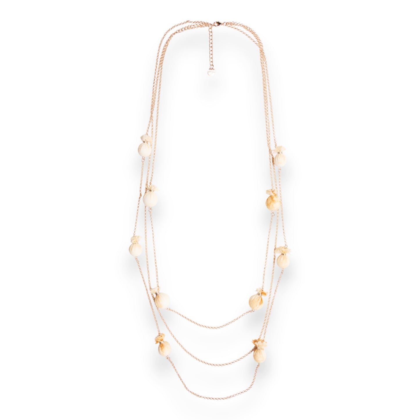 Collana lunga a tre fili in catena sottile con caramelle in cotone tono beige
