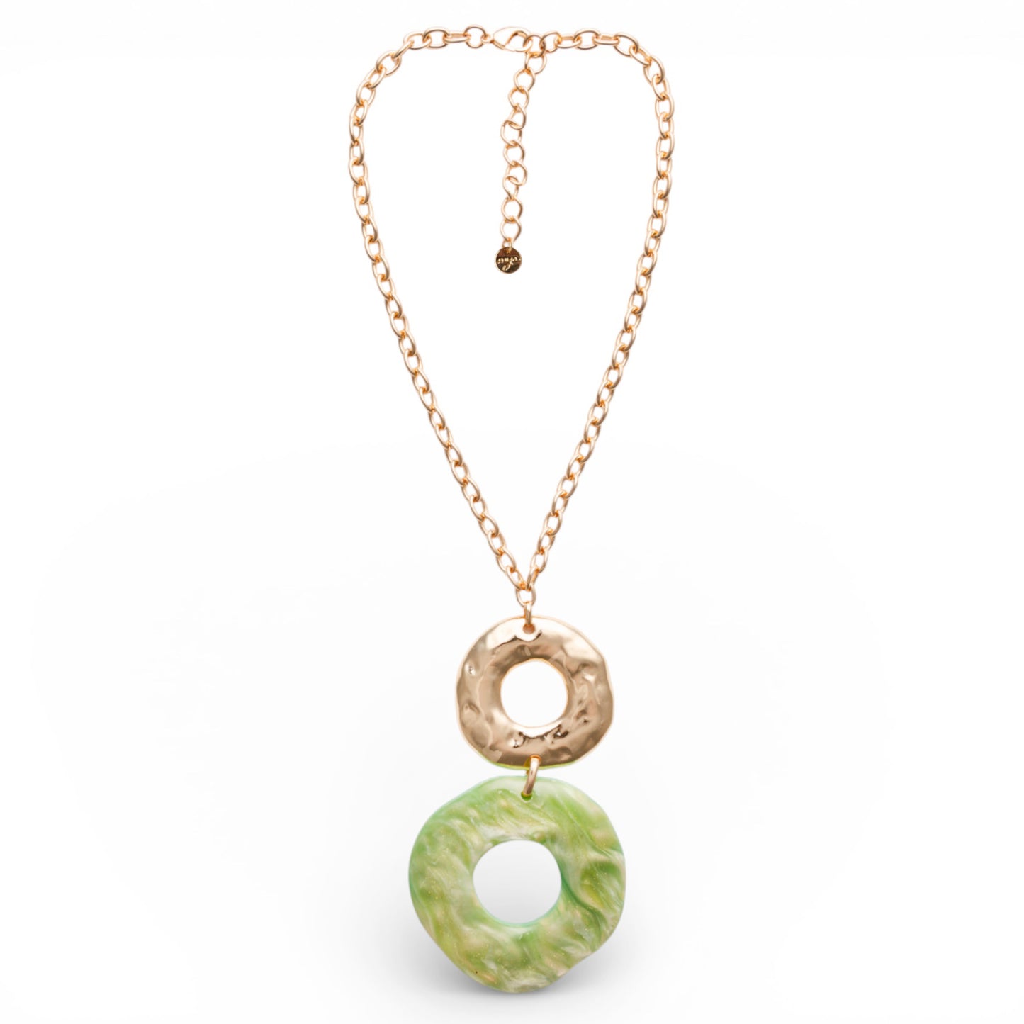 Collana girocollo a catena con doppio pendente in metallo ed acrilico circolare verde