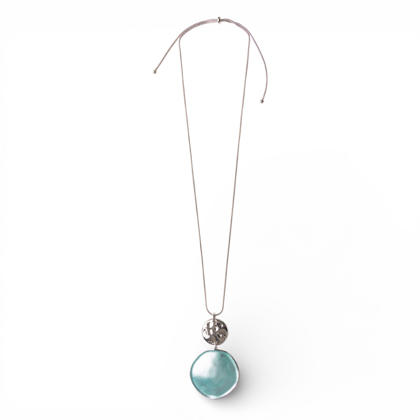 Collana lunga a catena snake con pendente circolare smaltato celeste