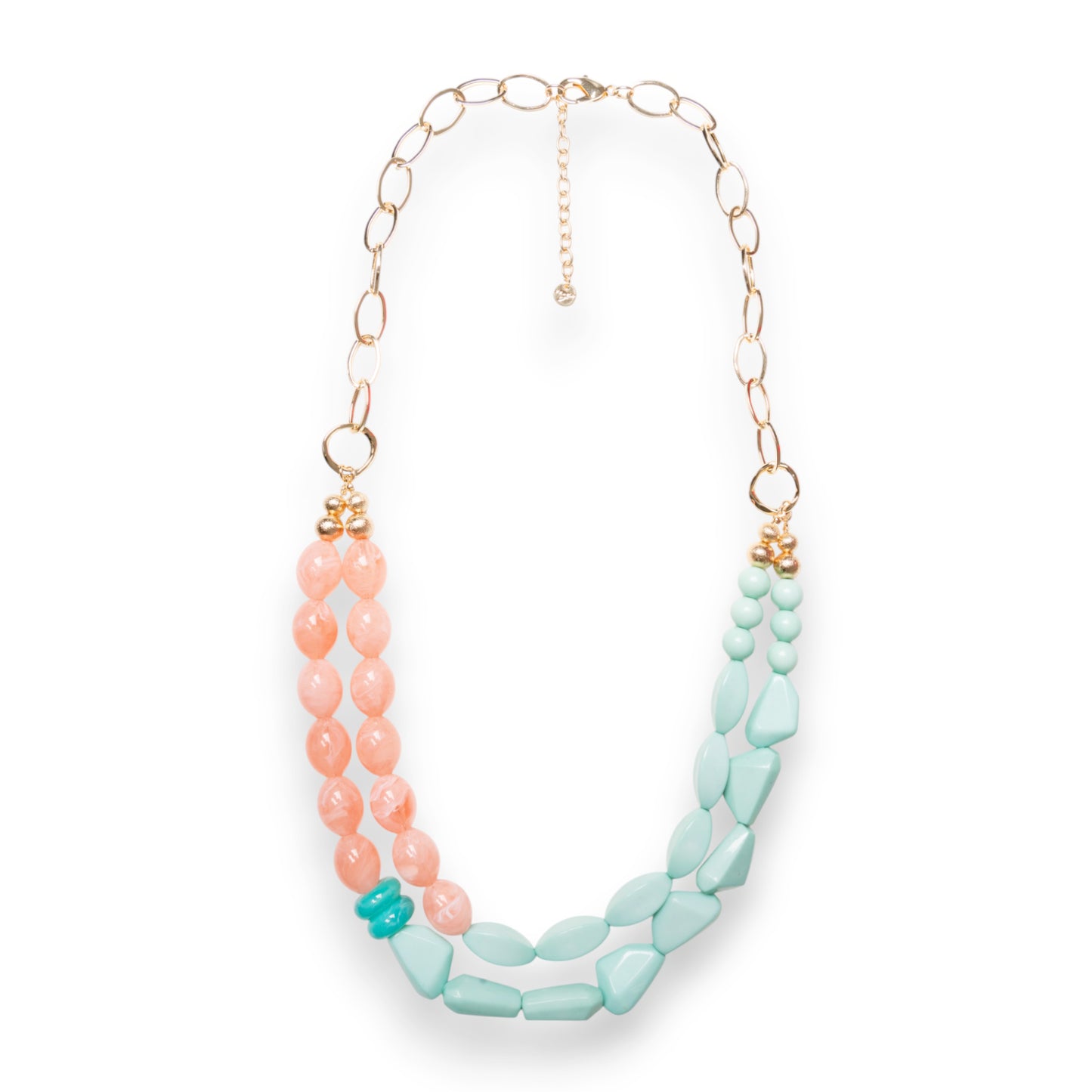 Collana lunga a due fili con pietre in acrilico verde acqua e rosa